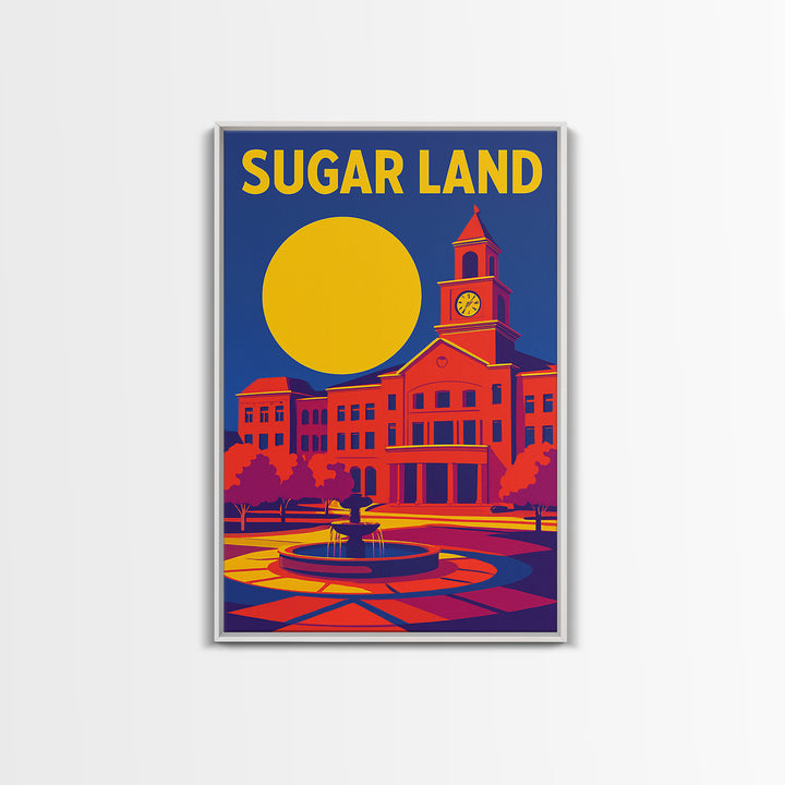 Sugar Land Texas Travel Poster, Framed Canvas Print, Vibrant Retro Travel Art, Sugar Land Art Print, City Art Print, Vintage City Poster
