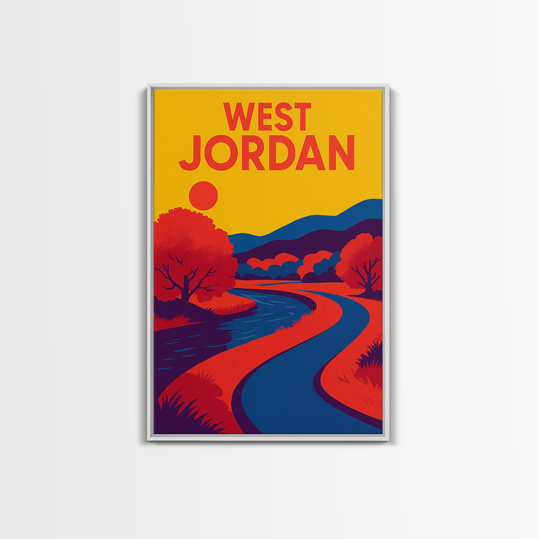 West Jordan Travel Poster, Framed Canvas Print, Bold Pop Art Poster, West Jordan Travel Art, Eclectic Wall Decor, City Illustration