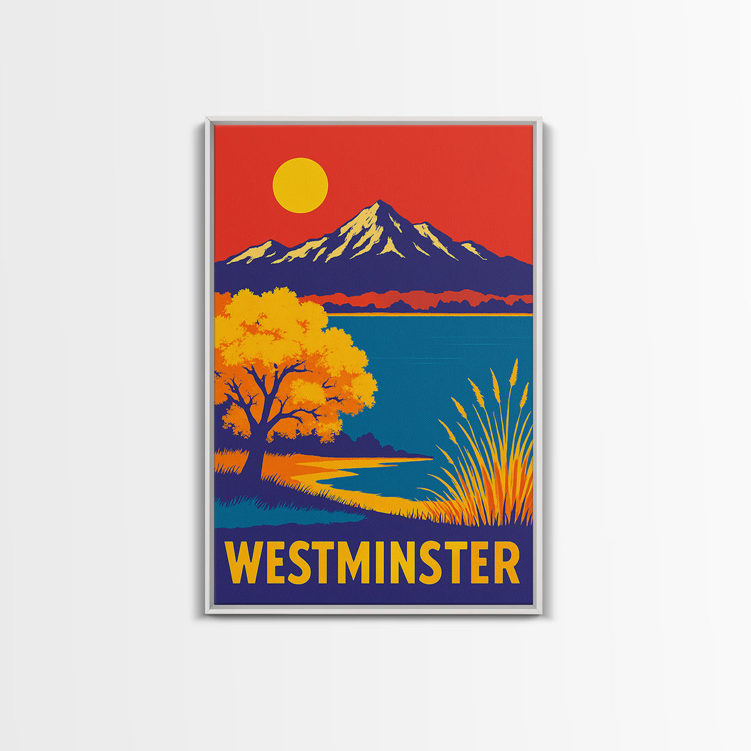 Westminster Travel Poster, Framed Canvas Print, Vibrant Retro Travel Art, Westminster City Art, Wanderlust Decor, City Illustration