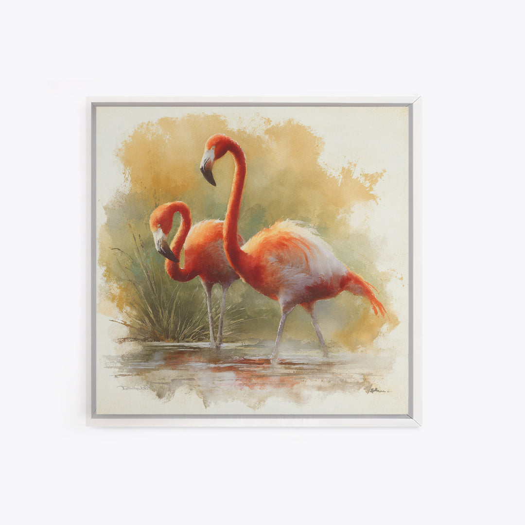 Flamingo Pair Beside Shallow Water Canvas Print, Patio Art, Beach House Decor, Patio Decor, Fine Art, Outdoor, Modern Decor, PAT-1x1-10