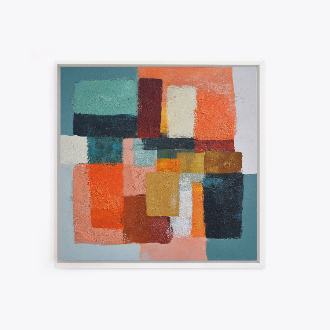 Bright Coral and Turquoise Abstract for Outdoors Framed Canvas Print, Patio Art, Decor, Patio Decor, Fine Art, Outdoor, PAT-1x1-12