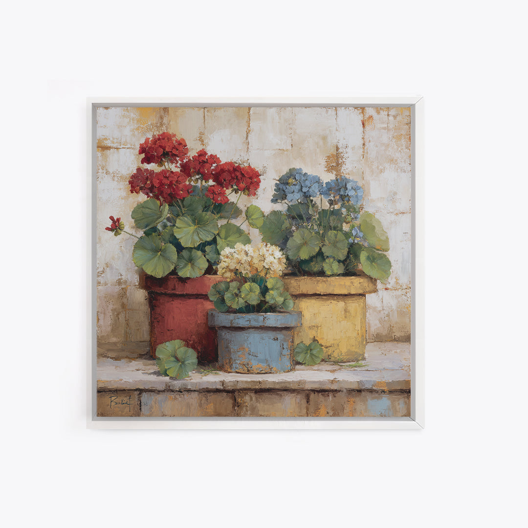 Potted Geraniums in Rustic Clay Pots Canvas Print, Patio Art, Porch Decor, Patio Decor, Fine Art, Outdoor, Fine Art Print, PAT-1x1-14