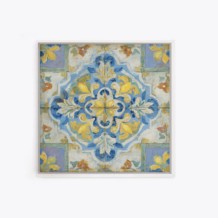 Mediterranean Lemons and Blue Tile Pattern Framed Canvas Print, Patio Art, Patio Decor, Fine Art, Outdoor, Gallery Decor, PAT-1x1-2