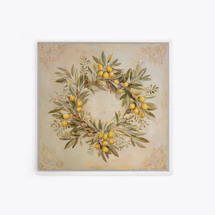Olive Branch Wreath on Warm Plaster Framed Canvas Print, Patio Art, Statement Artwork, Patio Decor, Fine Art, Outdoor, PAT-1x1-33