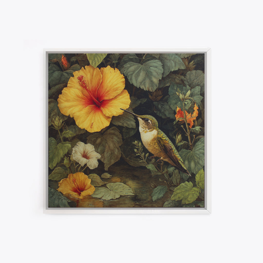 Hummingbird Visiting Bright Hibiscus Framed Canvas Print, Patio Art, Family Wall Art, Patio Decor, Oil Painting, Outdoor, PAT-1x1-51