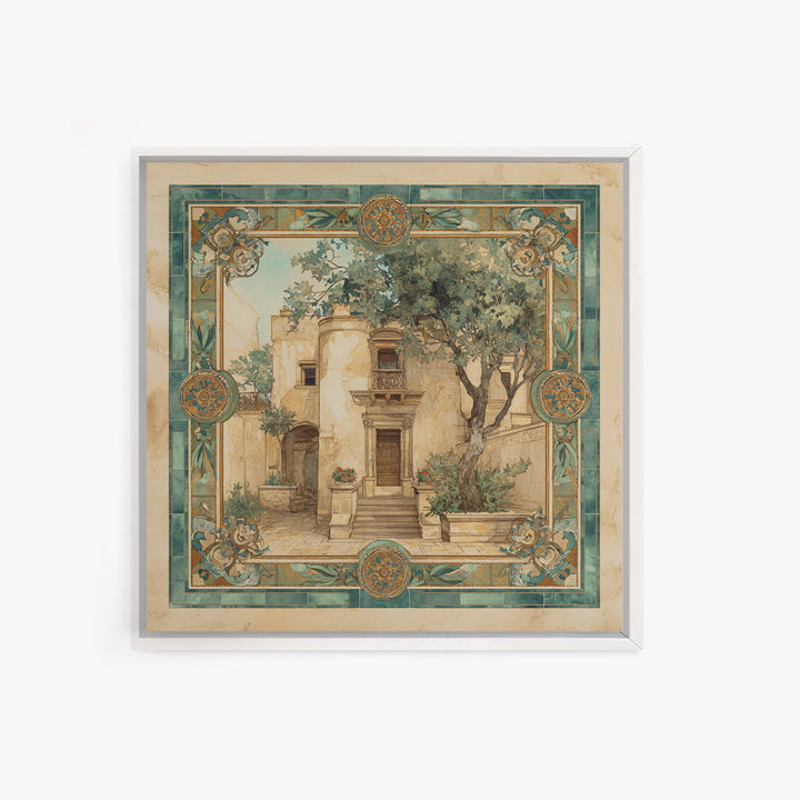 Olive Branch Wreath on Warm Plaster Framed Canvas Print, Patio Art, Statement Artwork, Patio Decor, Fine Art, Outdoor, PAT-1x1-57