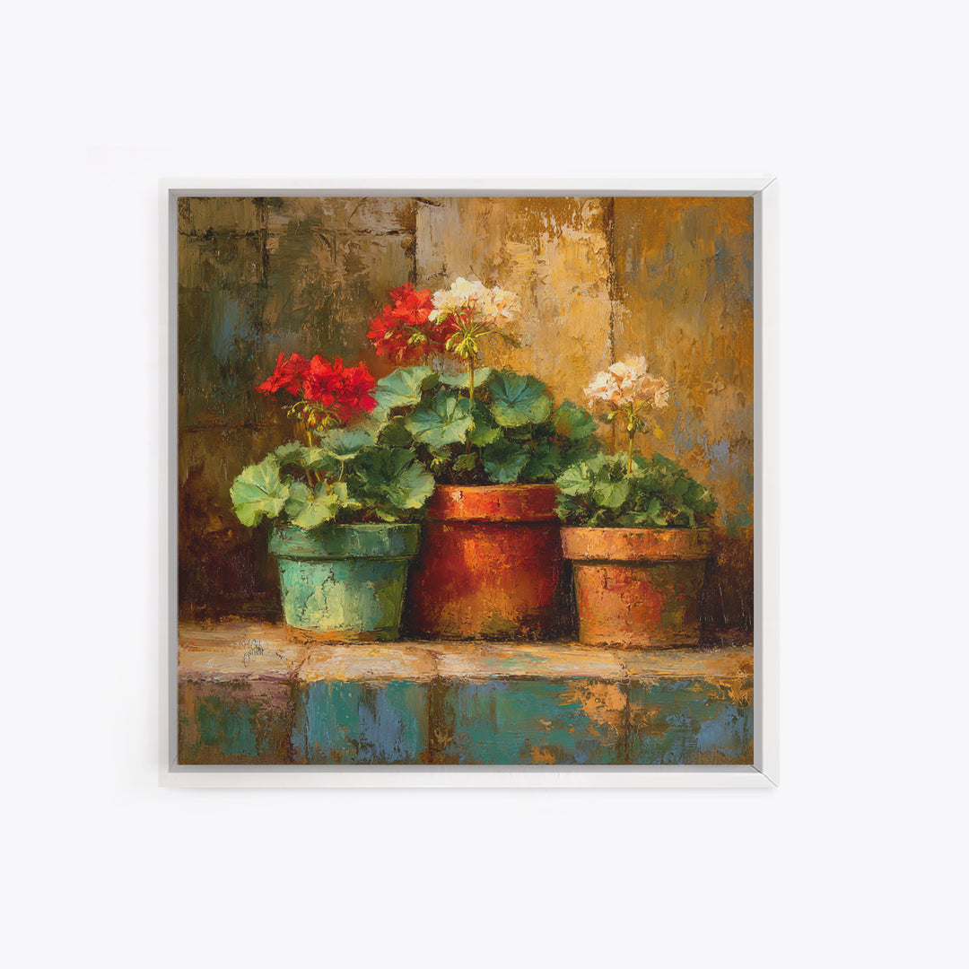 Potted Geraniums in Rustic Clay Pots Framed Canvas Print, Patio Art, Family Wall Art, Patio Decor, Fine Art, Outdoor, PAT-1x1-62