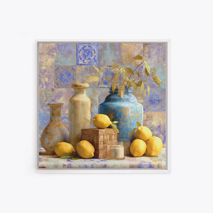 Mediterranean Lemons and Blue Tile Pattern Framed Canvas Print, Patio Art, Patio, Patio Decor, Outdoor, Minimalist Decor, PAT-1x1-74