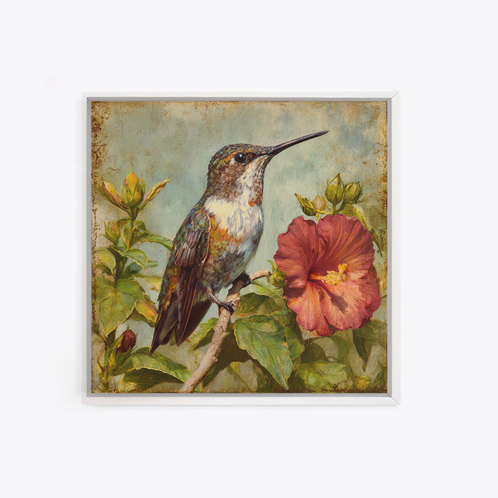 Hummingbird Visiting Bright Hibiscus Canvas Print, Patio Art, Modern Decor, Patio Decor, Fine Art, Outdoor, Home Decor, PAT-1x1-75