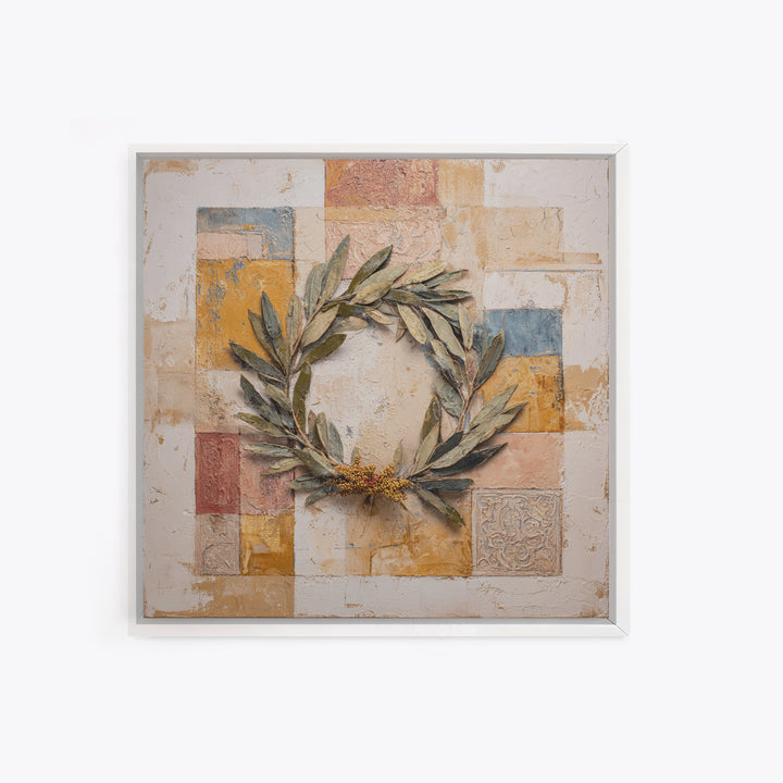 Olive Branch Wreath on Warm Plaster Canvas Print, Patio Art, Patio Decor, Oil Painting, Outdoor, Outdoor Wall Art, PAT-1x1-81