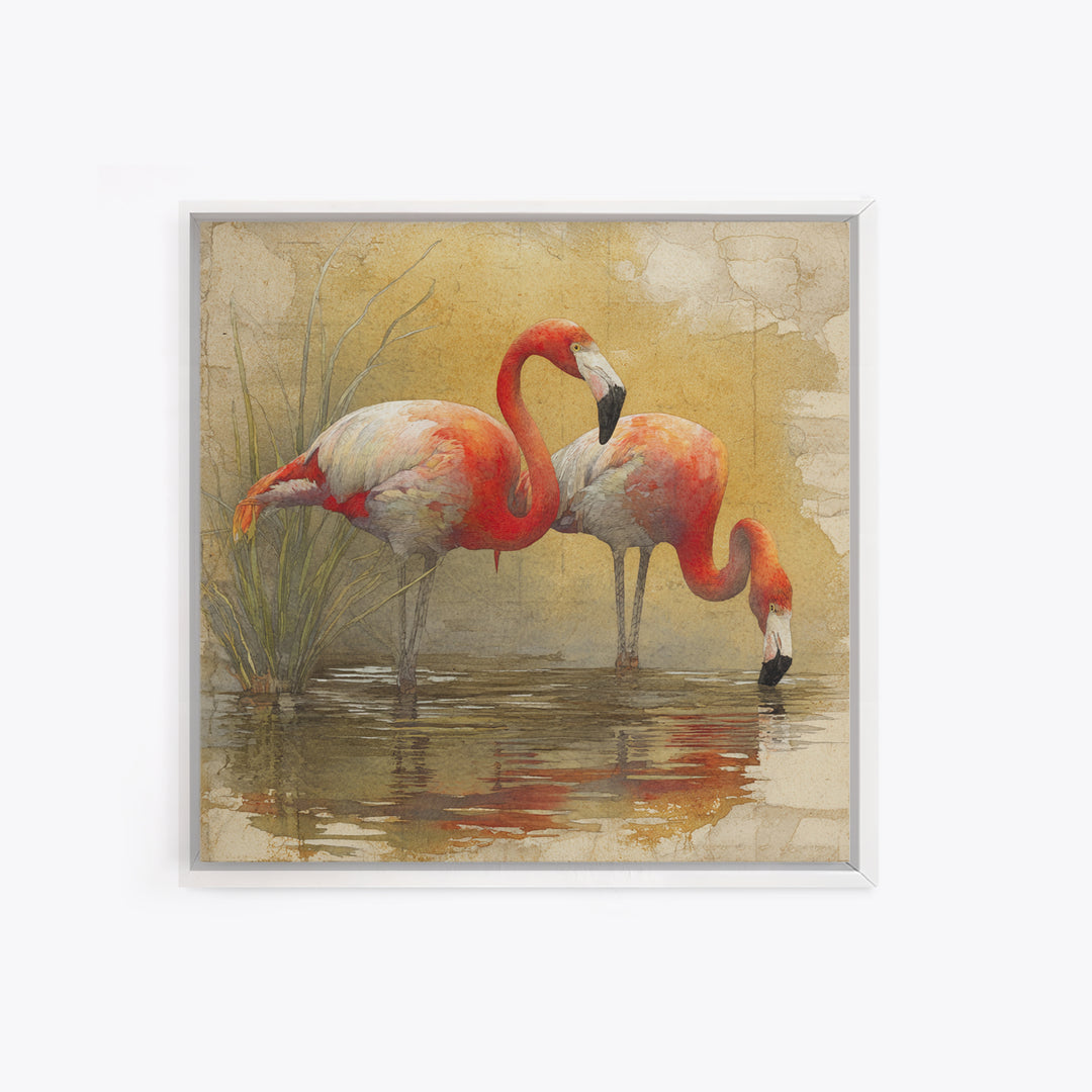 Flamingo Pair Beside Shallow Water Canvas Print, Patio Art, Neutral Decor, Patio Decor, Oil Painting, Outdoor, Wall Art, PAT-1x1-82