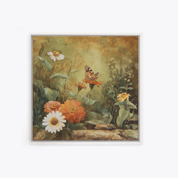 Butterfly Garden with Zinnias and Daisies Canvas Print, Patio Art, Boho Decor, Patio Decor, Oil Painting, Outdoor, PAT-1x1-85