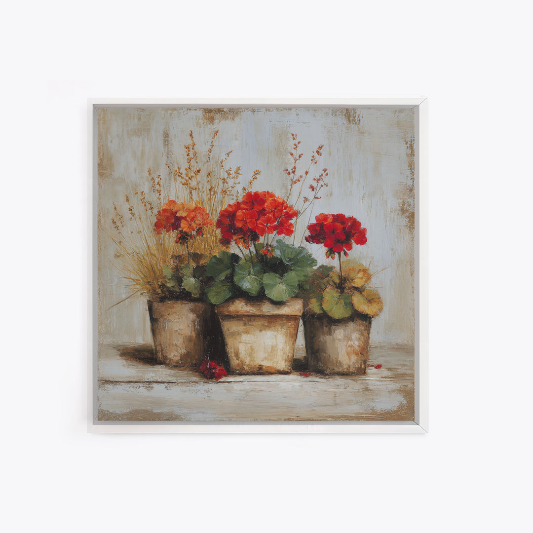 Potted Geraniums in Rustic Clay Pots Canvas Print, Patio Art, Modern Decor, Patio Decor, Fine Art, Outdoor, Home Decor, PAT-1x1-86