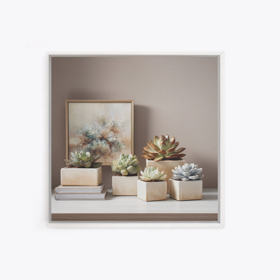 Succulent Collection in Ceramic Planters Framed Canvas Print, Patio Art, Luxury Decor, Patio Decor, Oil Painting, Outdoor, PAT-1x1-93