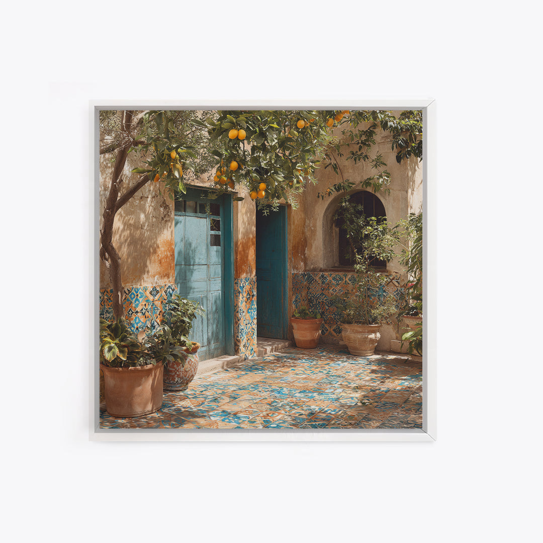 Mediterranean Lemons and Blue Tile Pattern Canvas Print, Patio Art, Boho Decor, Patio Decor, Fine Art, Outdoor, Outdoor Decor, PAT-1x1-98
