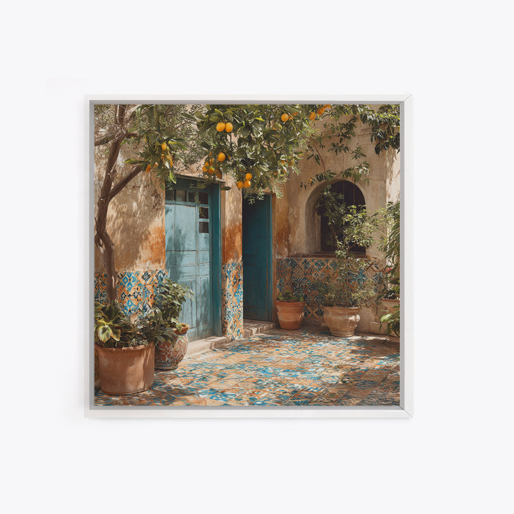 Mediterranean Lemons and Blue Tile Pattern Canvas Print, Patio Art, Boho Decor, Patio Decor, Fine Art, Outdoor, Outdoor Decor, PAT-1x1-98