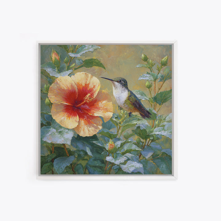 Hummingbird Visiting Bright Hibiscus Canvas Print, Patio Art, Wall Art, Patio Decor, Fine Art, Outdoor, Outdoor Wall Decor, PAT-1x1-99