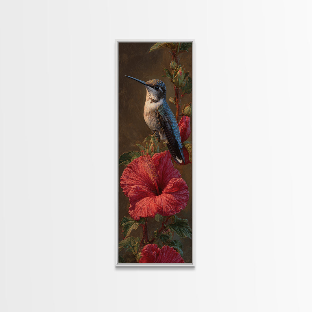 Hummingbird Visiting Bright Hibiscus Framed Canvas Print, Patio Art, Patio Decor, Abstract Art, Outdoor, Floral Wall Art, PAT-1x3-15