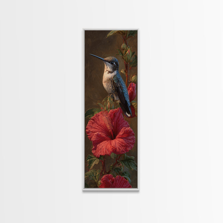 Hummingbird Visiting Bright Hibiscus Framed Canvas Print, Patio Art, Patio Decor, Abstract Art, Outdoor, Floral Wall Art, PAT-1x3-15