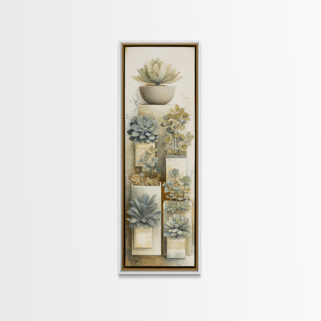Succulent Collection in Ceramic Planters Canvas Print, Patio Art, Yard Art, Patio Decor, Fine Art, Outdoor, Lake House Decor, PAT-1x3-33