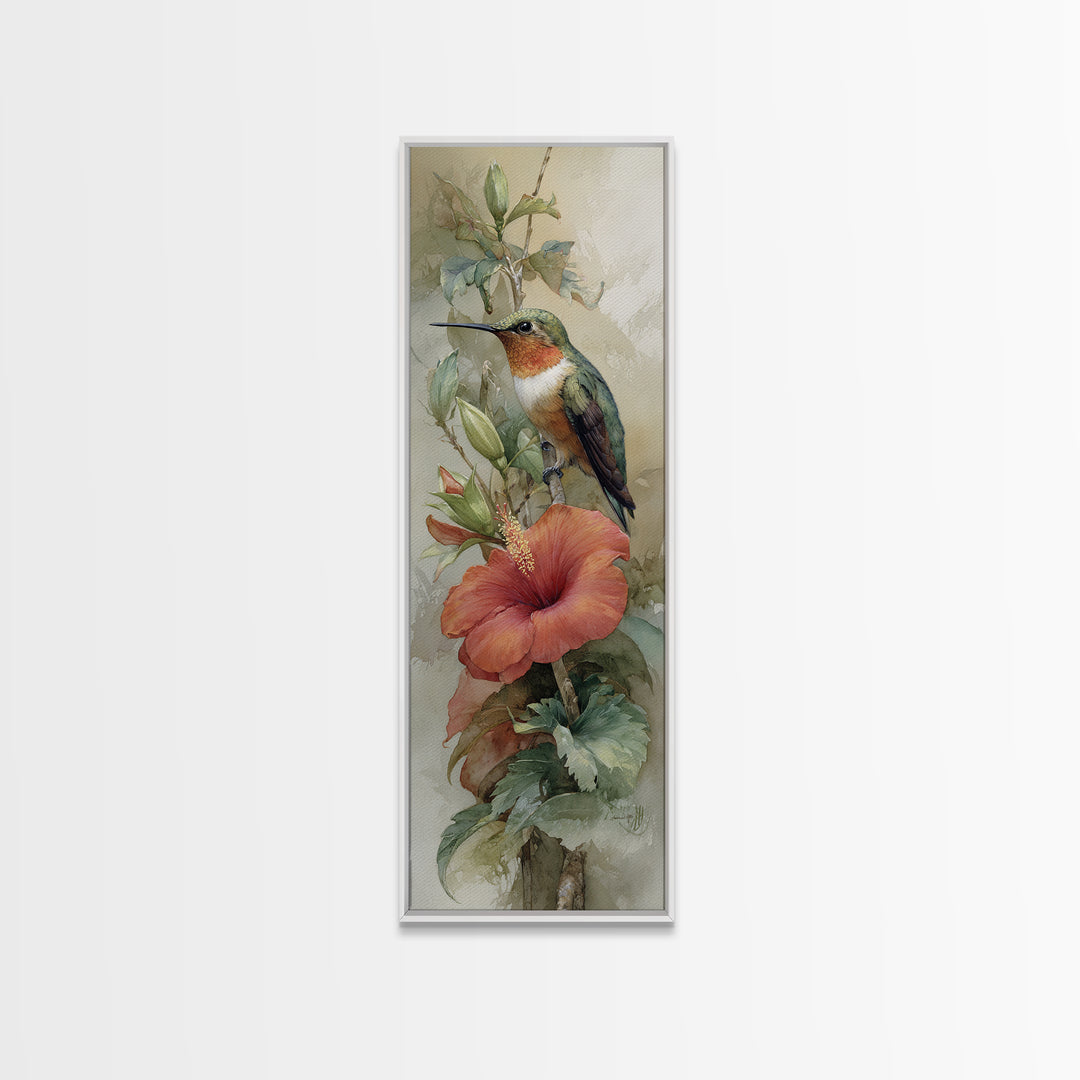 Hummingbird Visiting Bright Hibiscus Canvas Print, Patio Art, Garden Decor, Patio Decor, Fine Art, Outdoor, Beach Art, PAT-1x3-39