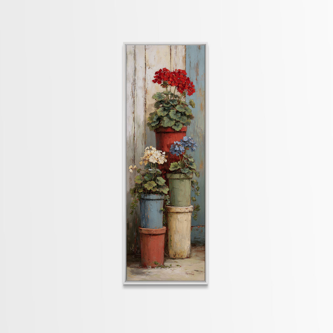 Potted Geraniums in Rustic Clay Pots Framed Canvas Print, Patio Art, Outdoor Art, Patio Decor, Fine Art, Outdoor, PAT-1x3-50