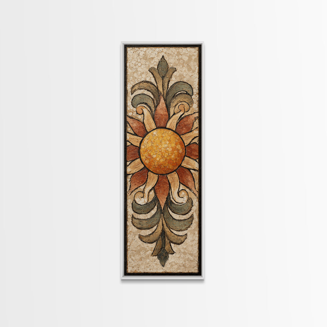 Sun Motif with Warm Terracotta Rays Framed Canvas Print, Patio Art, Patio Cushions, Patio Decor, Oil Painting, Outdoor, PAT-1x3-54