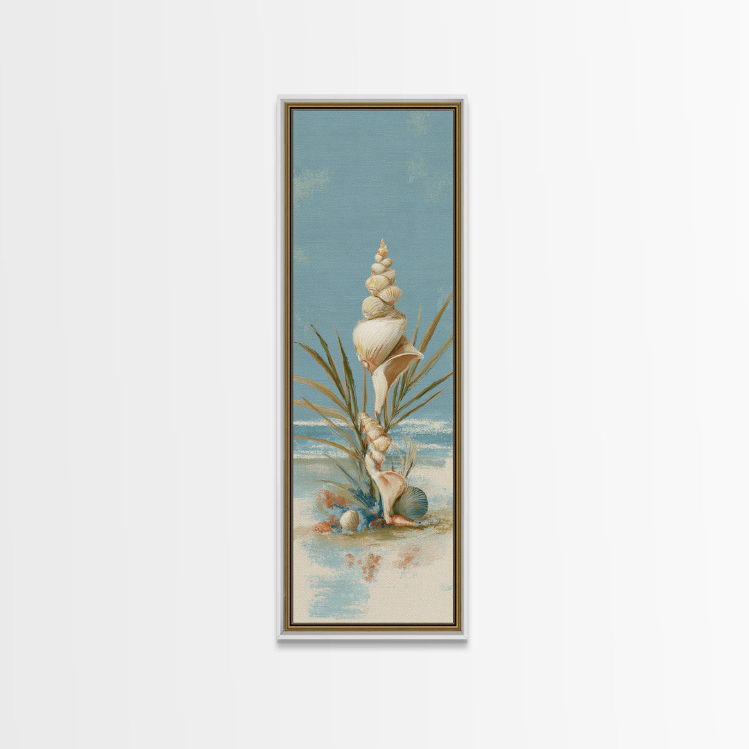 Beachy Shell and Palm Arrangement Canvas Print, Patio Art, Yard Art, Patio Decor, Oil Painting, Outdoor, Lake House Decor, PAT-1x3-55