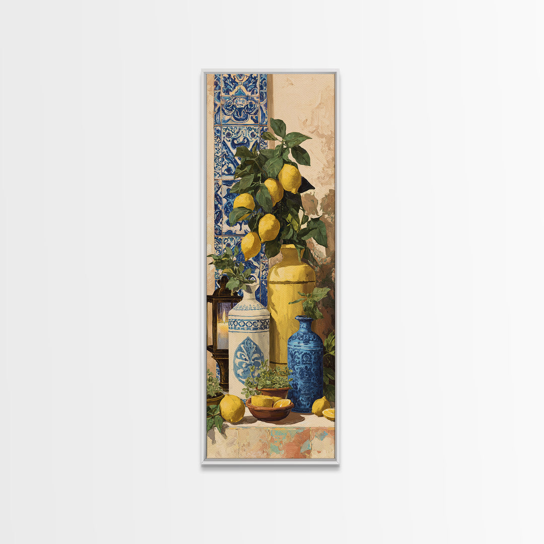 Mediterranean Lemons and Blue Tile Pattern Framed Canvas Print, Patio Art, Neutral Decor, Patio Decor, Fine Art, Outdoor, PAT-1x3-62