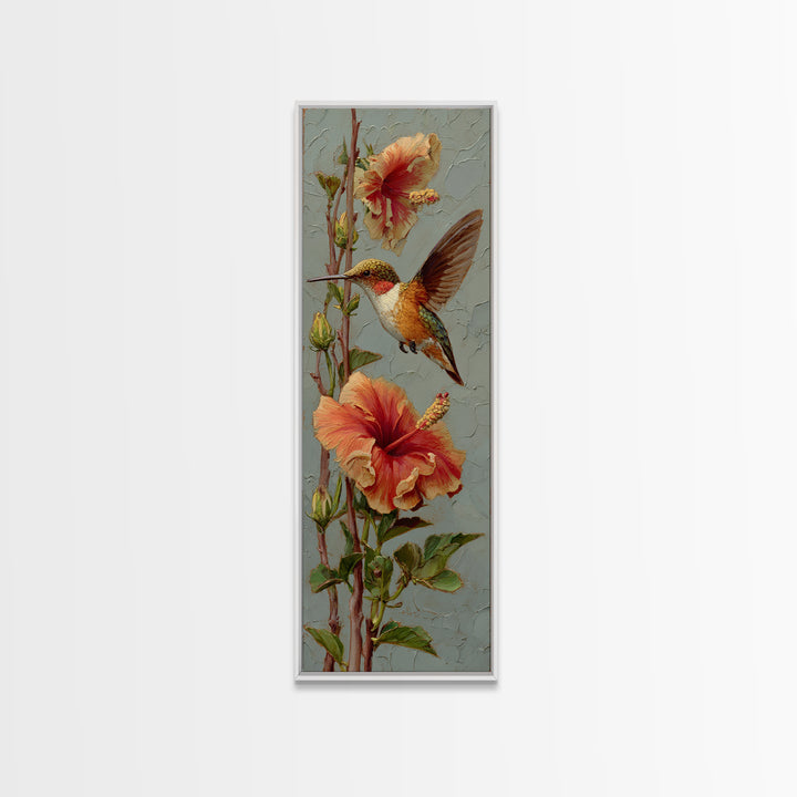 Hummingbird Visiting Bright Hibiscus Canvas Print, Patio Art, Patio Decor, Oil Painting, Outdoor, Gallery Decor, Neutral Decor, PAT-1x3-63