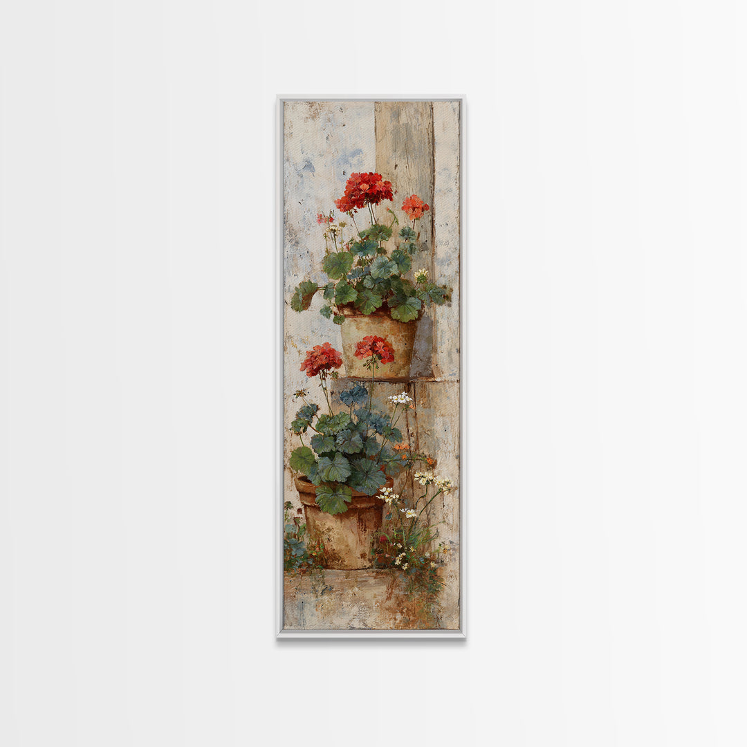 Potted Geraniums in Rustic Clay Pots Framed Canvas Print, Patio Art, Outdoor Art, Patio Decor, Fine Art, Outdoor, PAT-1x3-74