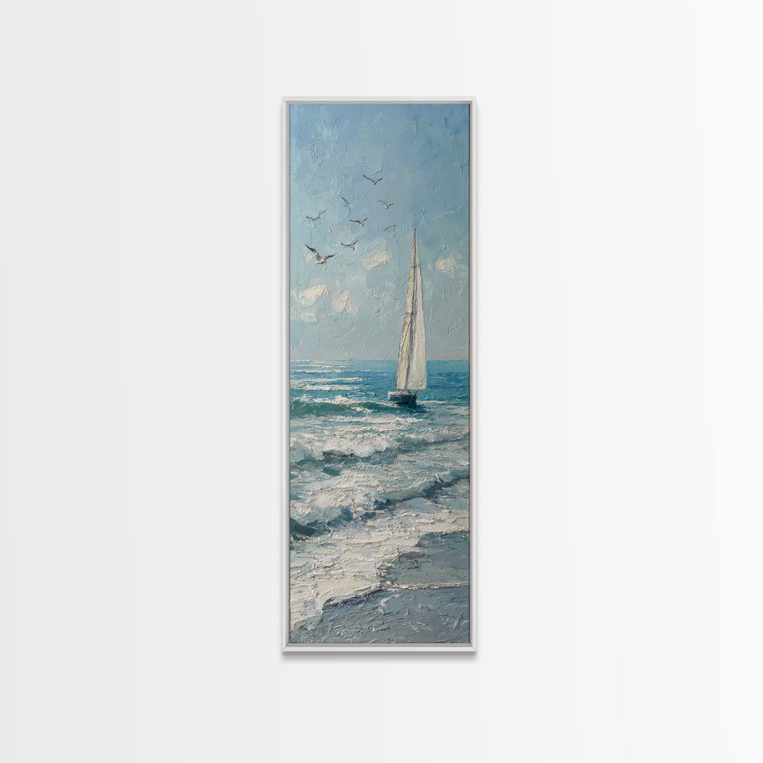 Sailboat on a Breezy Summer Horizon Framed Canvas Print, Patio Art, Porch Decor, Patio Decor, Oil Painting, Outdoor, PAT-1x3-75