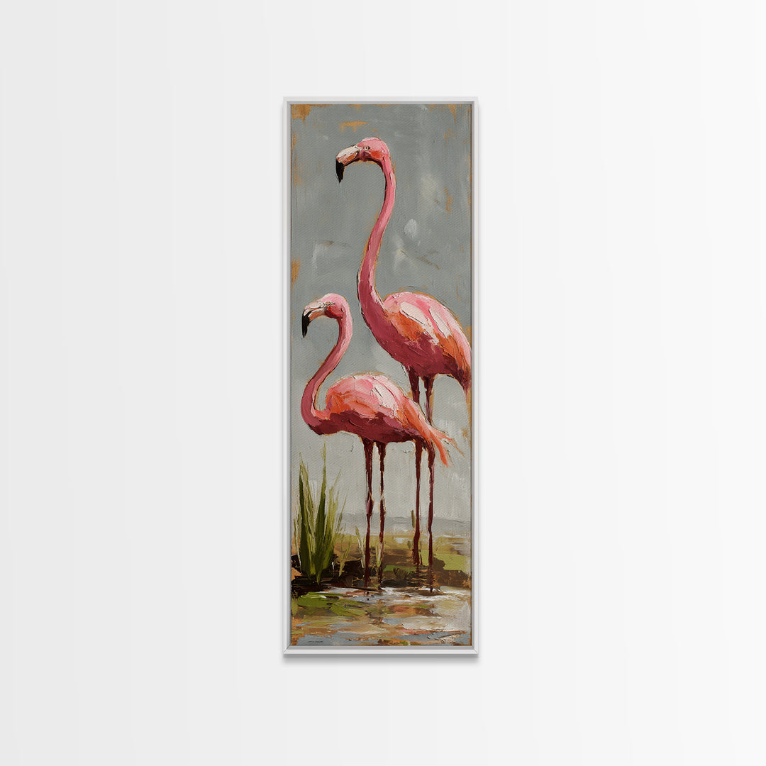 Flamingo Pair Beside Shallow Water Canvas Print, Patio Art, Fine Art Print, Patio Decor, Fine Art, Outdoor, Wall Decor, PAT-1x3-94