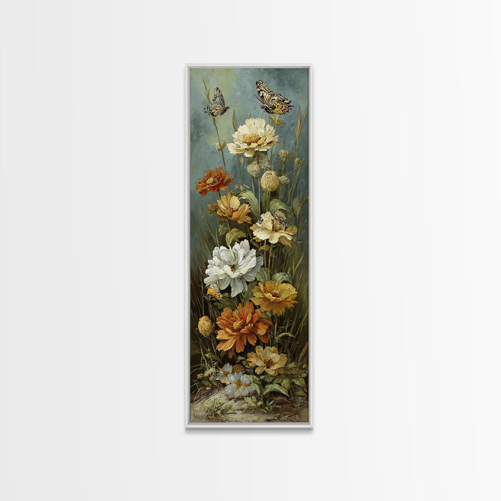 Butterfly Garden with Zinnias and Daisies Canvas Print, Patio Art, Rustic Decor, Patio Decor, Fine Art, Outdoor, PAT-1x3-97