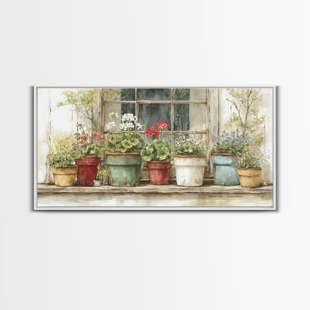 Potted Geraniums in Rustic Clay Pots Framed Canvas Print, Patio Art, Art Print, Patio Decor, Fine Art, Outdoor, Garden Decor, PAT-2x1-10