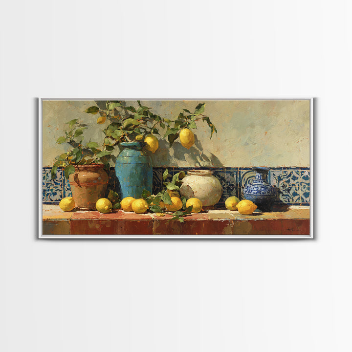Mediterranean Lemons and Blue Tile Pattern Canvas Print, Patio Art, Boho Decor, Patio Decor, Fine Art, Outdoor, Outdoor Decor, PAT-2x1-22