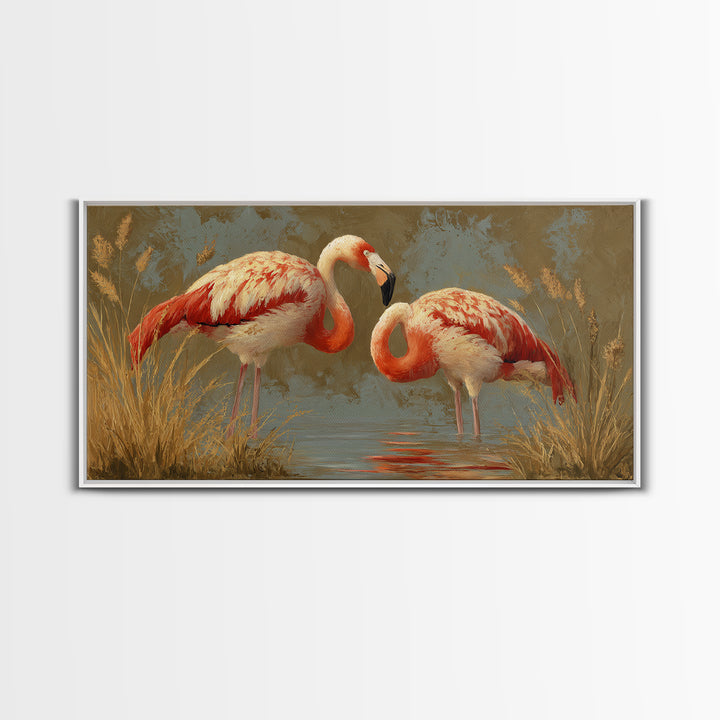 Flamingo Pair Beside Shallow Water Framed Canvas Print, Patio Art, Luxury Decor, Patio Decor, Fine Art, Outdoor, Wall Hanging, PAT-2x1-30