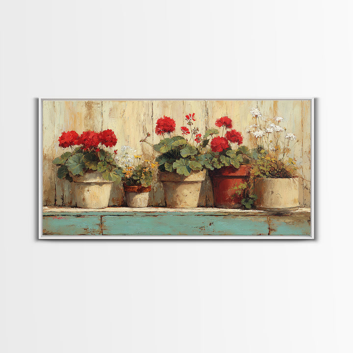 Potted Geraniums in Rustic Clay Pots Framed Canvas Print, Patio Art, Art Print, Patio Decor, Fine Art, Outdoor, Garden Decor, PAT-2x1-34