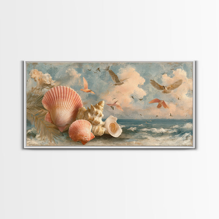 Beachy Shell and Palm Arrangement Canvas Print, Patio Art, Outdoor Decor, Patio Decor, Oil Painting, Outdoor, Bar Art, PAT-2x1-39