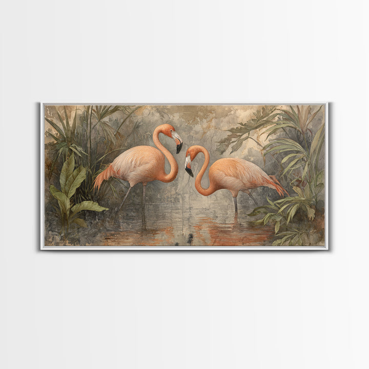Flamingo Pair Beside Shallow Water Canvas Print, Patio Art, Contemporary Art, Patio Decor, Fine Art, Outdoor, Metal Art, PAT-2x1-54