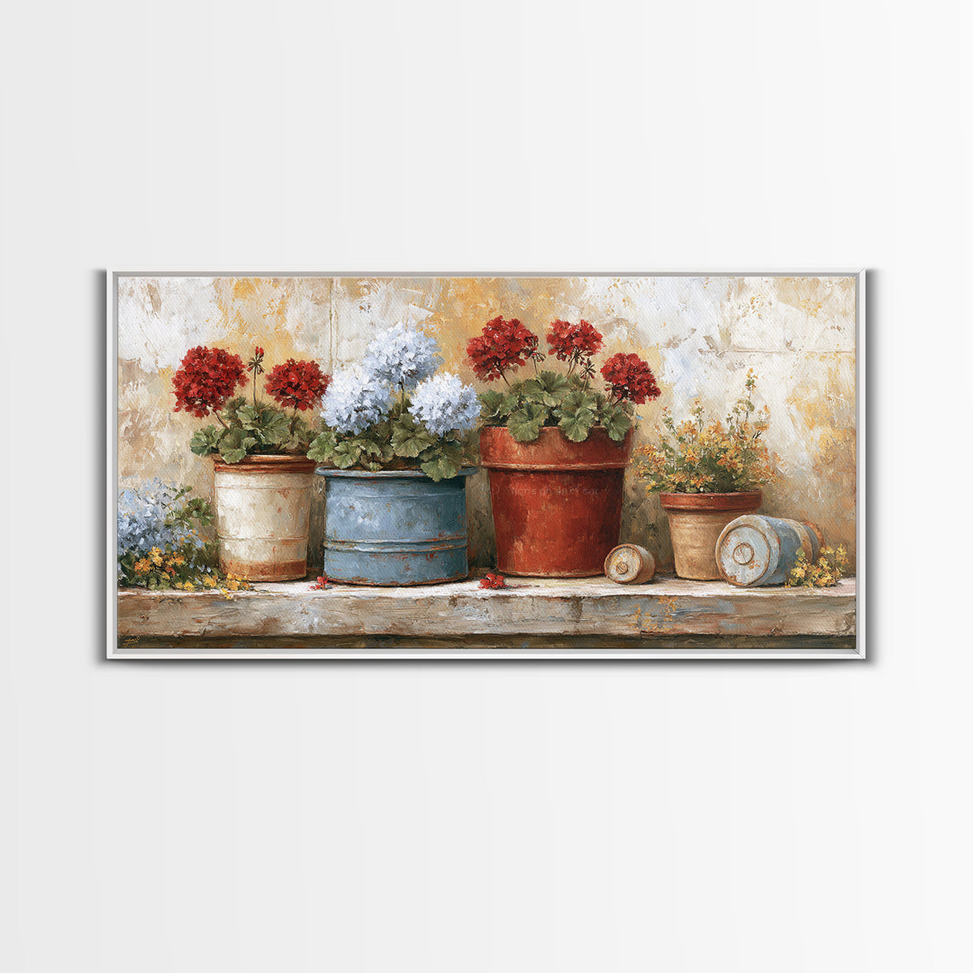 Potted Geraniums in Rustic Clay Pots Canvas Print, Patio Art, Wall Art, Patio Decor, Fine Art, Outdoor, Outdoor Wall Decor, PAT-2x1-58