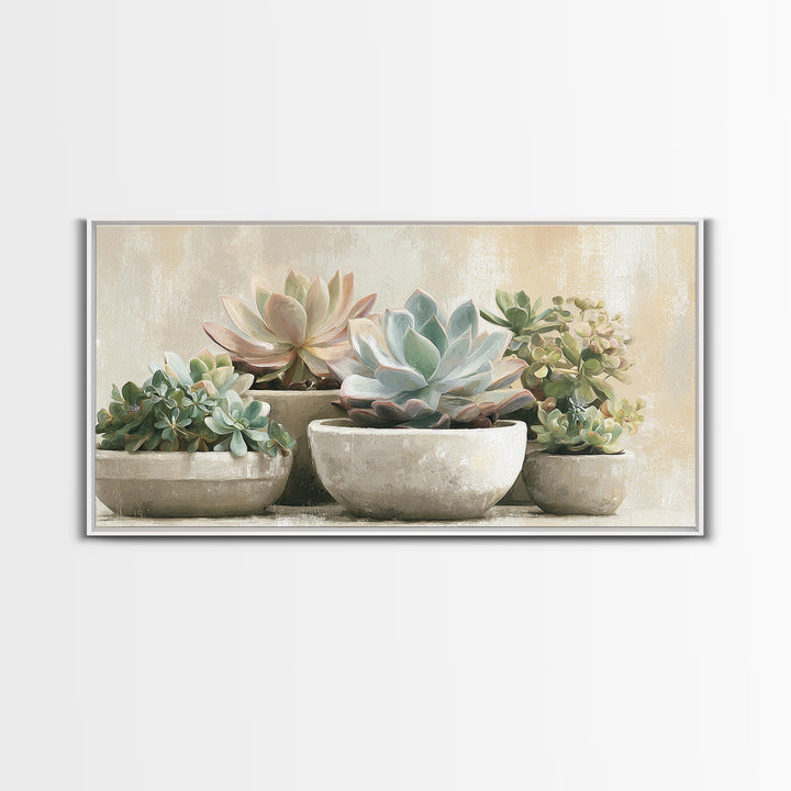Succulent Collection in Ceramic Planters Framed Canvas Print, Patio Art, Metal Wall Art, Patio Decor, Abstract Art, Outdoor, PAT-2x1-65