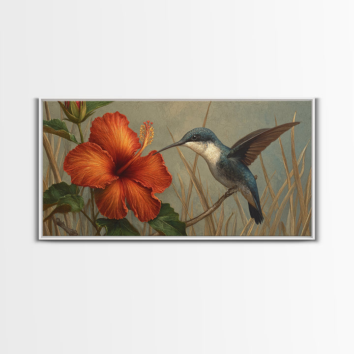 Hummingbird Visiting Bright Hibiscus Canvas Print, Patio Art, Lake House Decor, Patio Decor, Abstract Art, Outdoor, Boho Decor, PAT-2x1-71