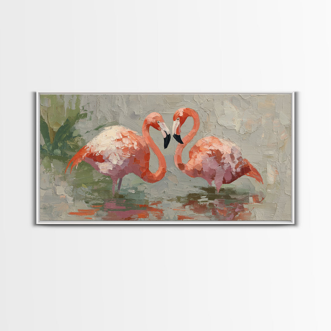 Flamingo Pair Beside Shallow Water Canvas Print, Patio Art, Contemporary Art, Patio Decor, Fine Art, Outdoor, Metal Art, PAT-2x1-78