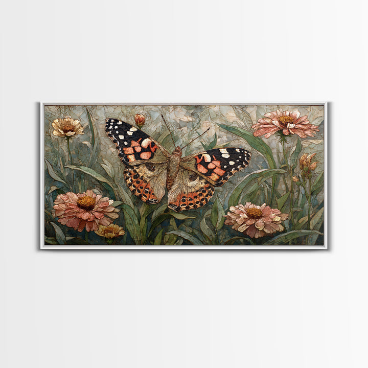 Butterfly Garden with Zinnias and Daisies Framed Canvas Print, Patio Art, Outdoor Wall Art, Patio Decor, Fine Art, Outdoor, PAT-2x1-81