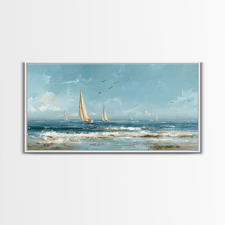 Sailboat on a Breezy Summer Horizon Framed Canvas Print, Patio Art, Contemporary Art, Patio Decor, Oil Painting, Outdoor, PAT-2x1-83