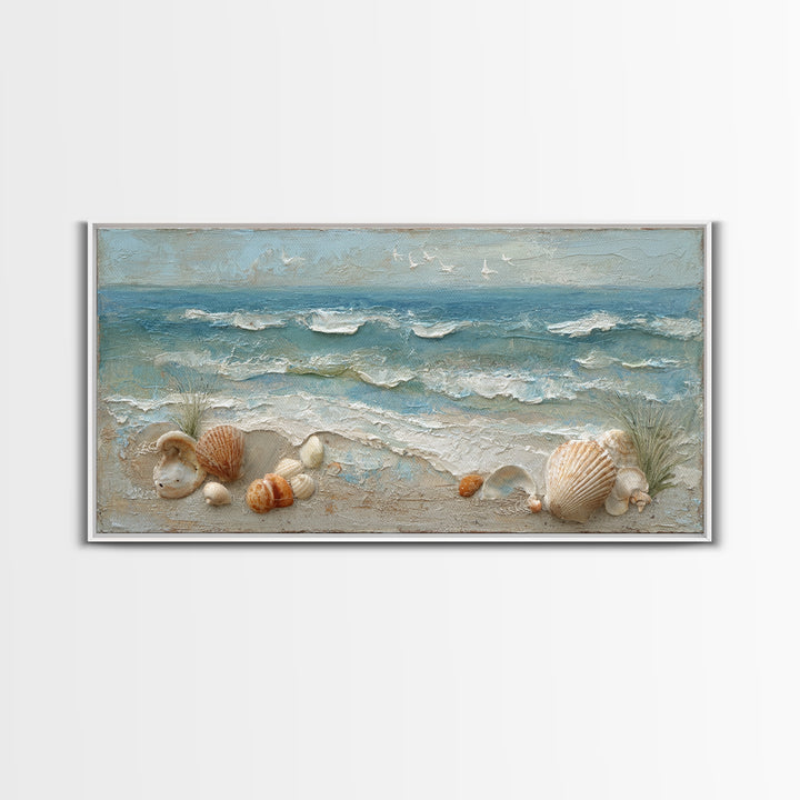 Beachy Shell and Palm Arrangement Framed Canvas Print, Patio Art, Porch Decor, Patio Decor, Fine Art, Outdoor, Fine Art Print, PAT-2x1-87