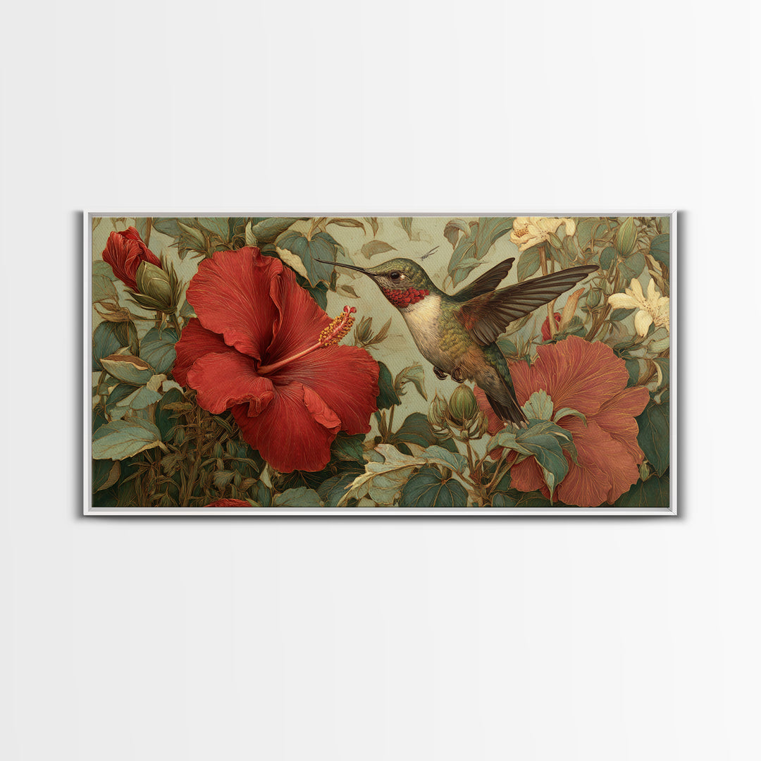 Hummingbird Visiting Bright Hibiscus Framed Canvas Print, Patio Art, Outdoor Art, Patio Decor, Fine Art, Outdoor, PAT-2x1-95
