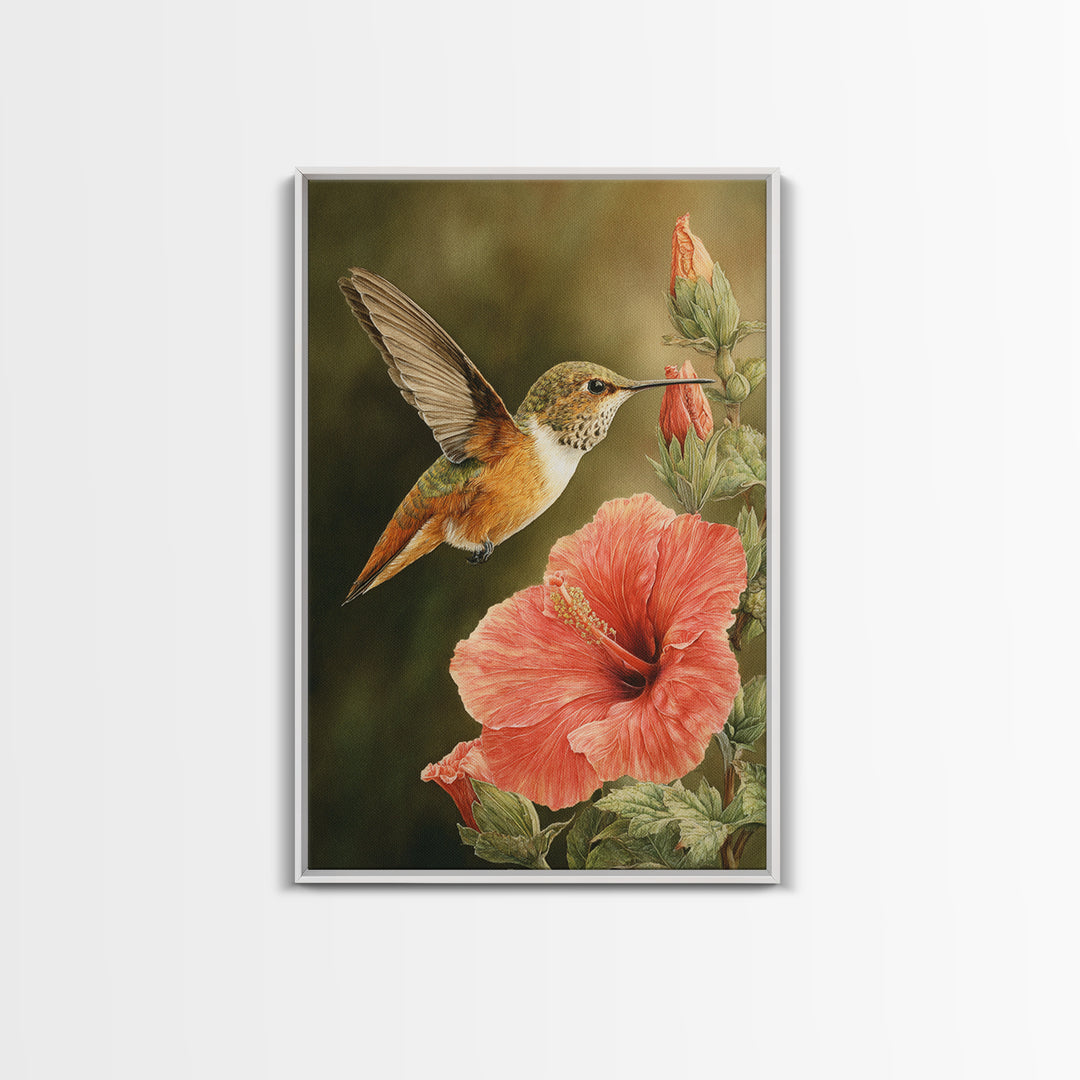 Hummingbird Visiting Bright Hibiscus Canvas Print, Patio Art, Patio, Patio Decor, Abstract Art, Outdoor, Minimalist Decor, PAT-2x3-11