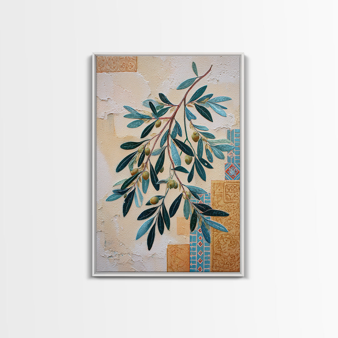 Olive Branch Wreath on Warm Plaster Framed Canvas Print, Patio Art, Outdoor Decor, Patio Decor, Fine Art, Outdoor, Bar Art, PAT-2x3-17